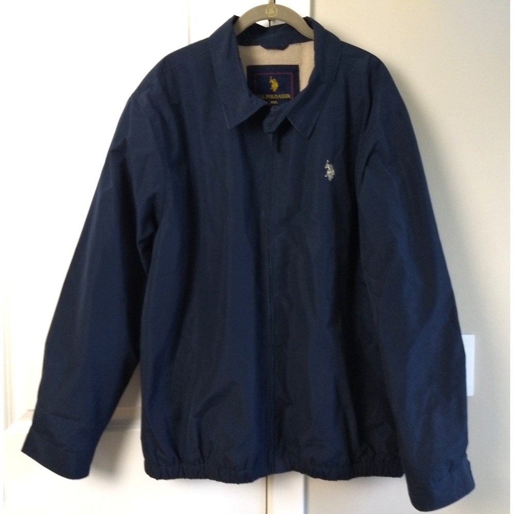 U.S. Polo Assn. Golf Jacket 2XL Navy Blue Windbreaker Tan Fleece Lining Mens XXL